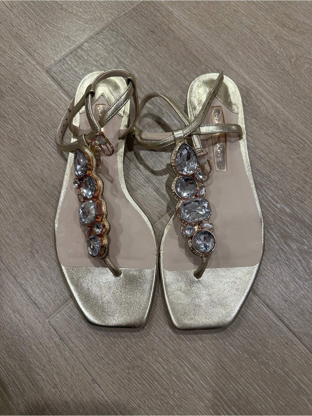 Sophia Webster Gold Jeweled T-Strap Sandals